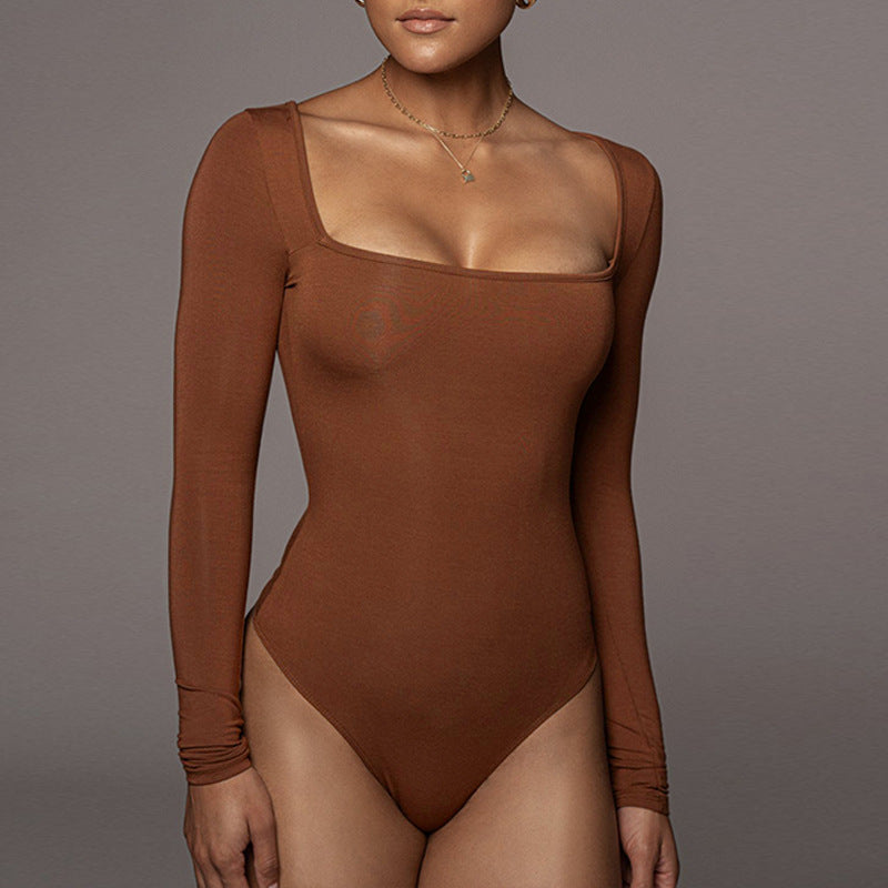 Women's Tight Long Sleeve Square-neck Jumpsuit