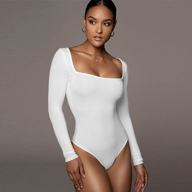 Women's Tight Long Sleeve Square-neck Jumpsuit